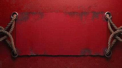 Wall Mural - Red Empty fabric red Banner Mock up with folds on ropes. red wall background.