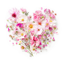 Wild Meadow Pink Flowers in Shape of Heart Isolated on White Background