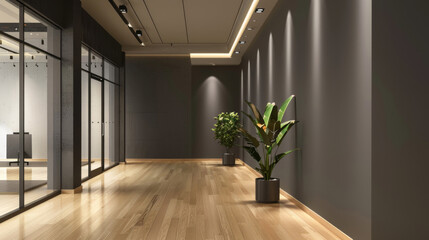 Aufkleber - Elegant and contemporary office hallway interior with warm lighting and plant decor