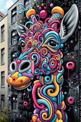 Wall Mural - A large colorful giraffe head painted on a building wall, AI
