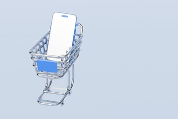 Poster - 3d Shopping cart with smartphone icon isolated on blue background. Online shopping delivery business e-commerce store and social media application concept. Minimal design. 3D render.
