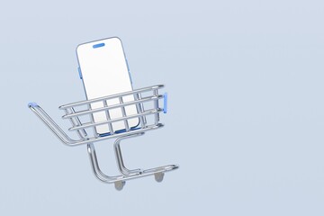 Wall Mural - 3d Shopping cart with smartphone icon isolated on blue background. Online shopping delivery business e-commerce store and social media application concept. Minimal design. 3D render.