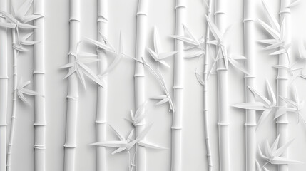 Wall Mural - White bamboo texture background. Natural bamboo light backdrop. Bamboo leaf shadow on white wall Background. Blank copy space.