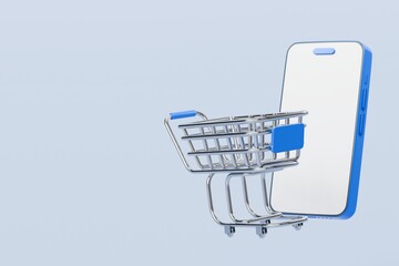 Poster - 3d Shopping cart with smartphone icon isolated on blue background. Online shopping delivery business e-commerce store and social media application concept. Minimal design. 3D render.