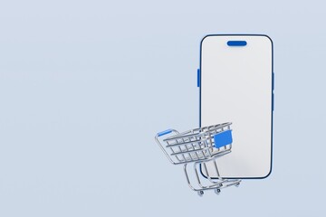 Poster - 3d Shopping cart with smartphone icon isolated on blue background. Online shopping delivery business e-commerce store and social media application concept. Minimal design. 3D render.