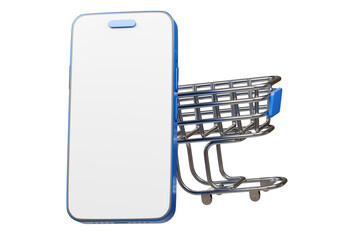 Poster - 3d Shopping cart with smartphone icon isolated on blue background. Online shopping delivery business e-commerce store and social media application concept. Minimal design. 3D render.