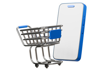 Poster - 3d Shopping cart with smartphone icon isolated on blue background. Online shopping delivery business e-commerce store and social media application concept. Minimal design. 3D render.