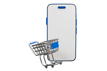 Poster - 3d Shopping cart with smartphone icon isolated on blue background. Online shopping delivery business e-commerce store and social media application concept. Minimal design. 3D render.