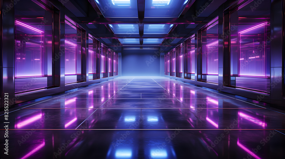 Laser Corridor Blue Purple Glowing Sci-Fi Neon Frame Concrete Floor ...