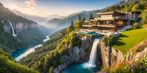 Eco-lodge hotel in mountains with panoramic view at cascade waterfalls. Luxuripus retreat for eco-tourism and relax, zen harmony, nature landscape illustration