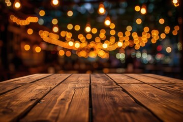 Canvas Print - Bar Lights. Blurred Restaurant Lights Background on Wooden Table