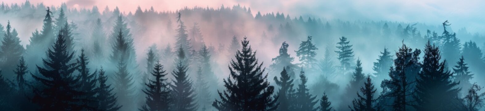 panoramic photo of a pine forest in the mountains on a misty morning, beautiful colors in the light Generative AI