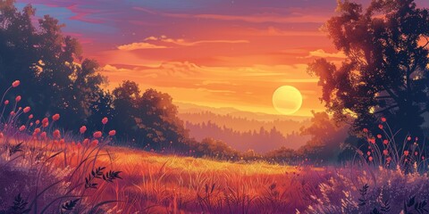 Wall Mural - Dawn New. Scenic Sunrise Panorama Landscape with Sun Over Forest and Meadow