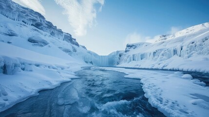 Wall Mural - Ice On River. Majestic Nature Landscape of Iceland with Skogafoss Waterfall
