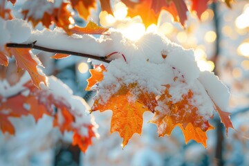 leaves snow. first snowfall on autumn maple leaves at sunset