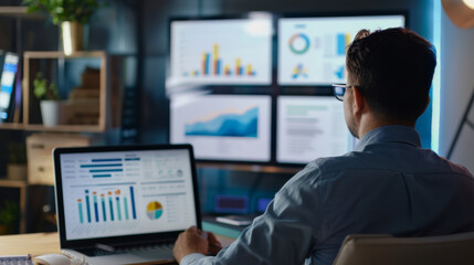 Aufkleber - Expertly reviewing complex financial data on multiple screens in a contemporary workplace