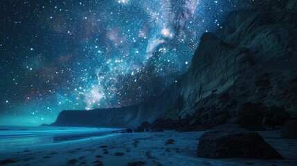 Wall Mural - Mountain Clear Sky. A Clear Starry Sky Over a Mountain Landscape with Glowing Stars and Abstract Atmosphere