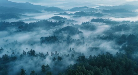 Poster - Mountains Foggy. Aerial View of Foggy Forest Mountains in Morning Light