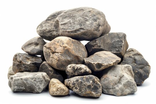 pile of rocks. big heavy boulders on white background - geology concept