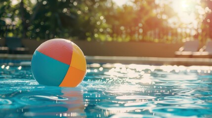 Colorful inflatable beach ball floating in a sunlit swimming pool