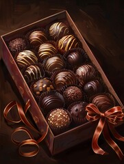 Poster - Detailed painting of an elegant box of chocolate truffles adorned with a vibrant red ribbon, showcasing luxurious presentation. Generative AI