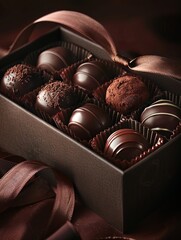 Aufkleber - Luxurious box of chocolate truffles with ribbons on a table. Generative AI