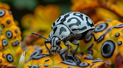 Sticker - A close up of a bug with black and white spots on it, AI