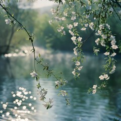 Wall Mural - Blossoming branch in springtime. Ethereal spring scene with delicate white flowers and soft sunbeams filtering through.