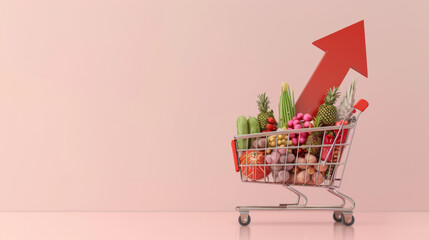 Poster - Grocery cart filled with items and an upward arrow indicating inflation