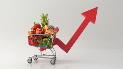 Poster - Shopping cart with food and an upward arrow symbolizing inflation