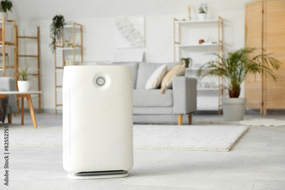 Modern humidifier and grey sofa in stylish living room