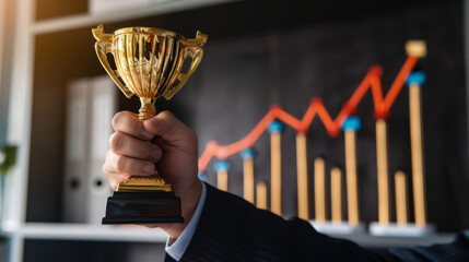 victory over inflation: hand holding a trophy in front of rising financial graphs