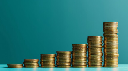 Poster - Increasing stacks of coins against a teal background depict the concept of inflation