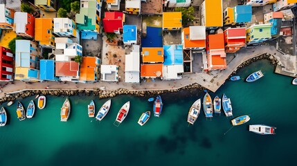 Wall Mural - Bird's-eye view of a coastal town with colorful buildings and boats in the harbor