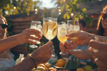 A group of friends clinking chilled glasses of sparkling lemonade in the backyard during a barbecue