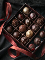 Poster - Luxurious box of chocolate truffles adorned with a vibrant red ribbon, showcasing high detail and rich dark colors. Generative AI