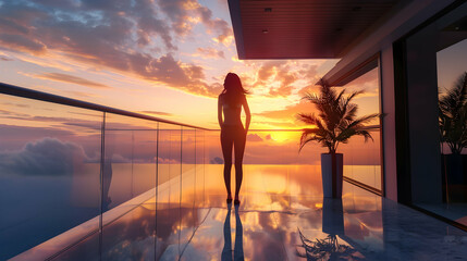 Wall Mural - Successful woman standing on luxury balcony, back view of rich female silhouette at sunset realistic hyperrealistic
