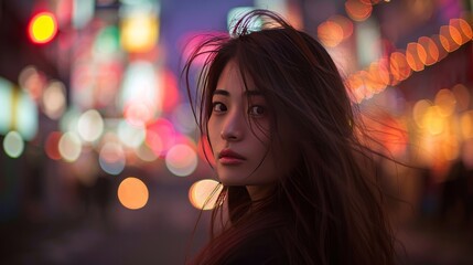 Wall Mural - Close-up of young woman smiling, confident, portrait. Woman Standing on City Street at Night.