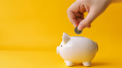 Aufkleber - Hand dropping a coin into a piggy bank on a sunny yellow backdrop, representing saving money
