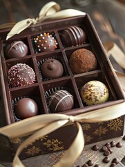 Aufkleber - Elegant box of chocolate truffles adorned with a ribbon in rich dark colors. Generative AI