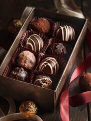 Aufkleber - Elegant box of chocolate truffles adorned with a red ribbon, featuring high detail and luxurious presentation in rich dark colors. Generative AI