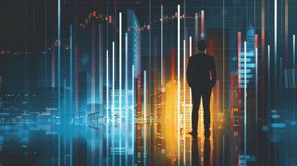 Poster - Investor's silhouette observing rising inflation indicators against an urban skyline backdrop