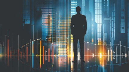 Poster - Man's silhouette with financial graphs showing inflation rates in a cityscape background