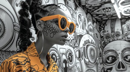 Wall Mural - A woman with sunglasses and a skull patterned dress, AI