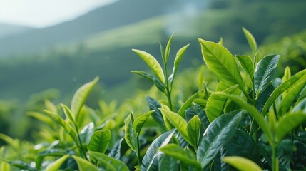 Plantation of Green Tea Leaves on a Sloping Hillside