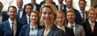 © yj - A group of business people are smiling. In the center is a beautiful woman with blonde hair wearing a suit standing out from the crowd. generative AI