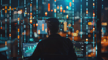 Poster - Man in a trading room analyzing financial charts showing inflation trends from behind