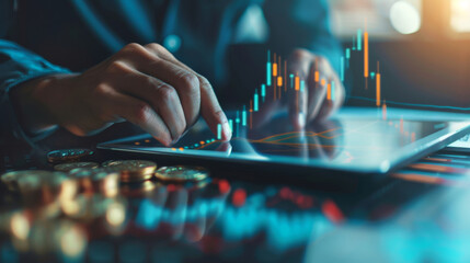 Poster - Close-up of hands reviewing financial inflation charts on a tablet amid scattered coins