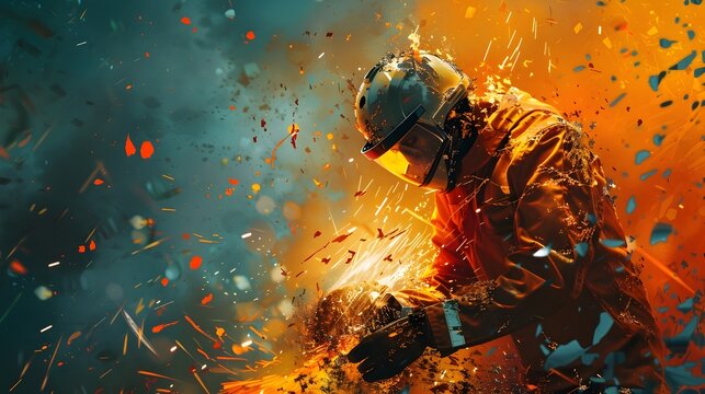 A worker in a hard hat and protective mask processes metal using a grinding machine. Sparks fly in all directions, illuminating him. The background is made in bright colors and shows the silhouette of