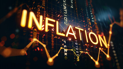 Poster - 3d render of the word 'inflation' amid glowing stock market figures symbolizing economic trends